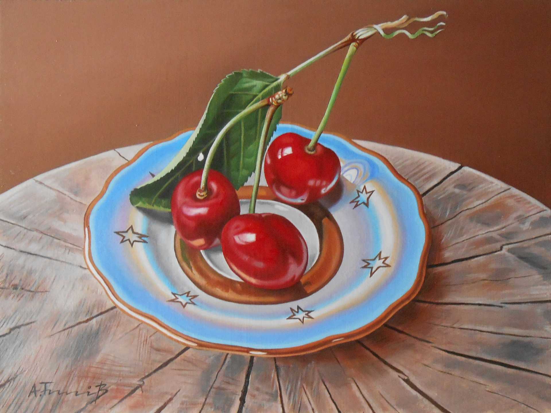 Still Life with Cherries on a Log