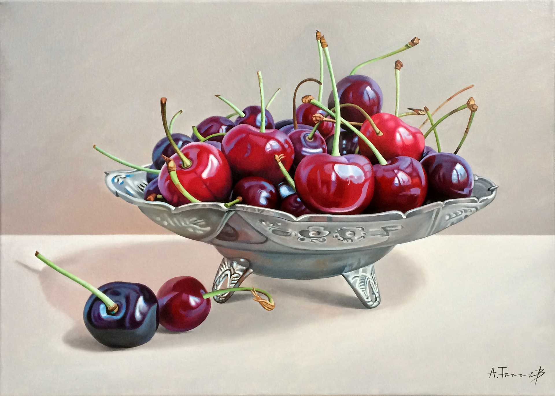 Cherries in a Silver Bowl